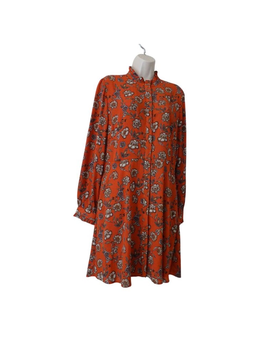 LOFT Orange Floral Long Sleeve A-Line Button Up Dress Women Size 10 Fall